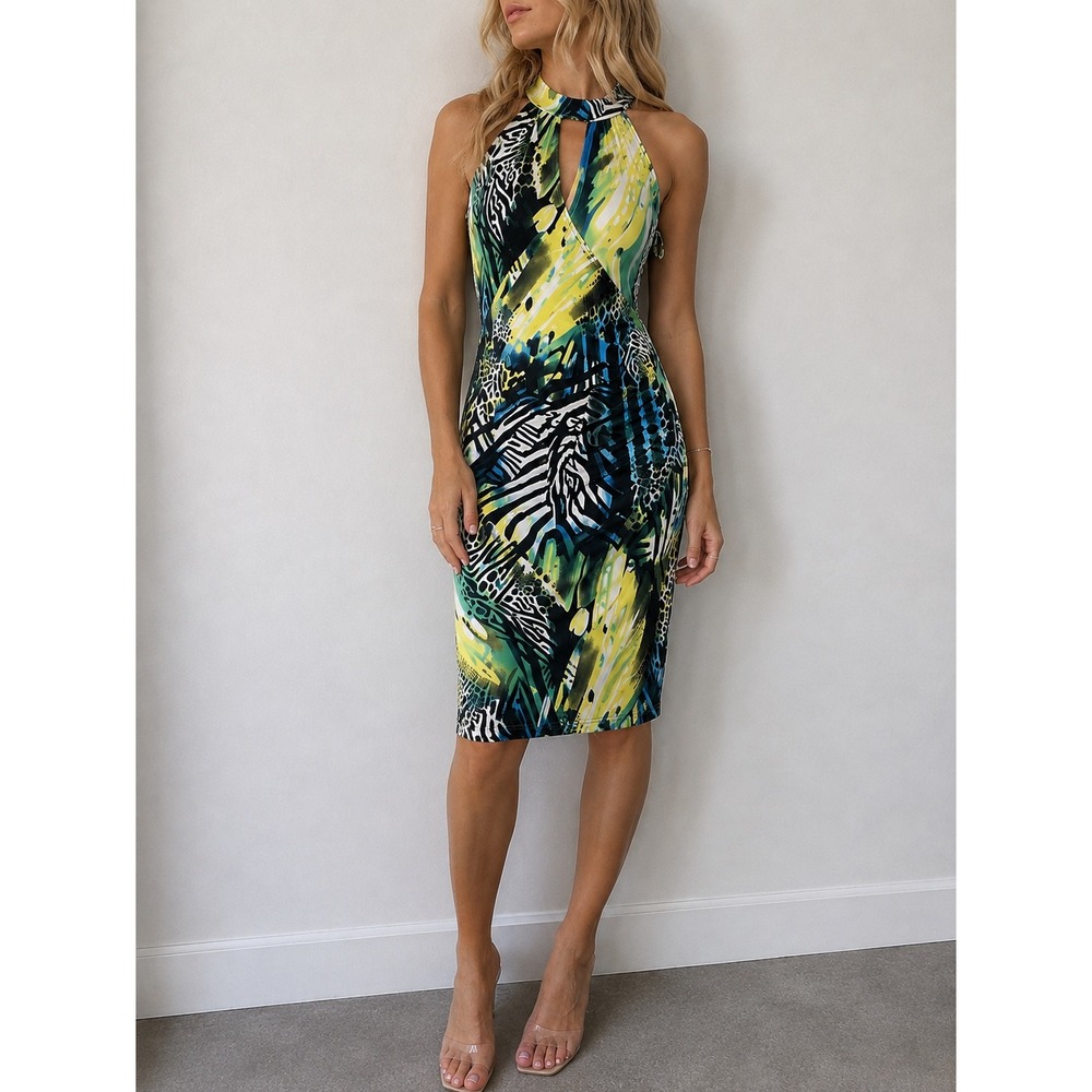 Joseph Ribkoff Multicolor Abstract Animal Print Halter Sheath Dress 4 Tropical